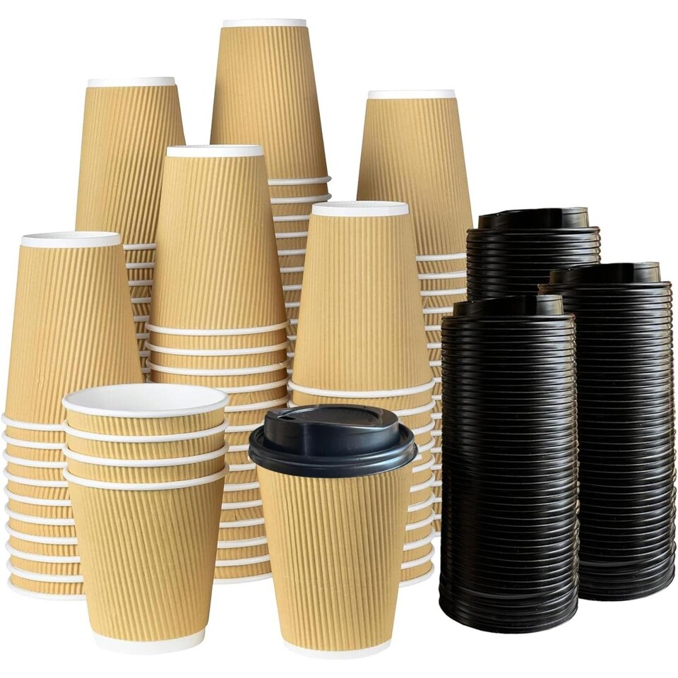 image 1 of ECONX 12oz Disposable Coffee Cups With Black Lid Ripple Insulated Paper Cups 100pc