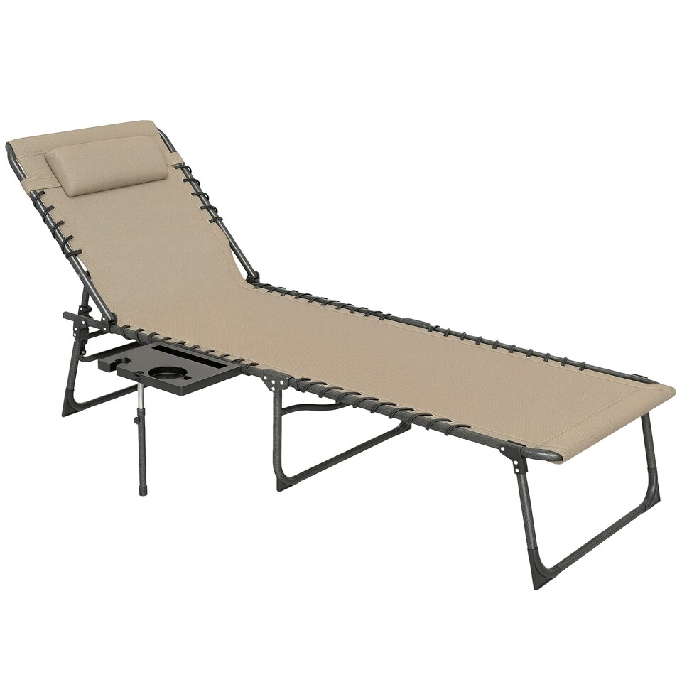 image 1 of Outsunny Folding Sun Lounger with 5-Level Reclining Back, Side Table, Beige 