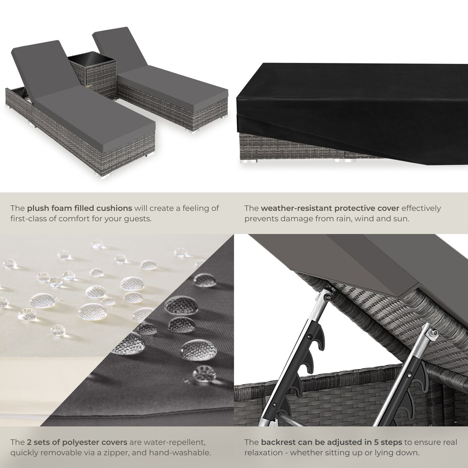 image 1 of Sun Lounger Set - 2 loungers, 1 side table, aluminium frame, adjustable backrest, rain cover | Grey | grey | 1