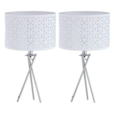 First Choice Lighting Set of 2 Chrome Tripod Table Lamps with White Laser Cut Shades Chrome | White