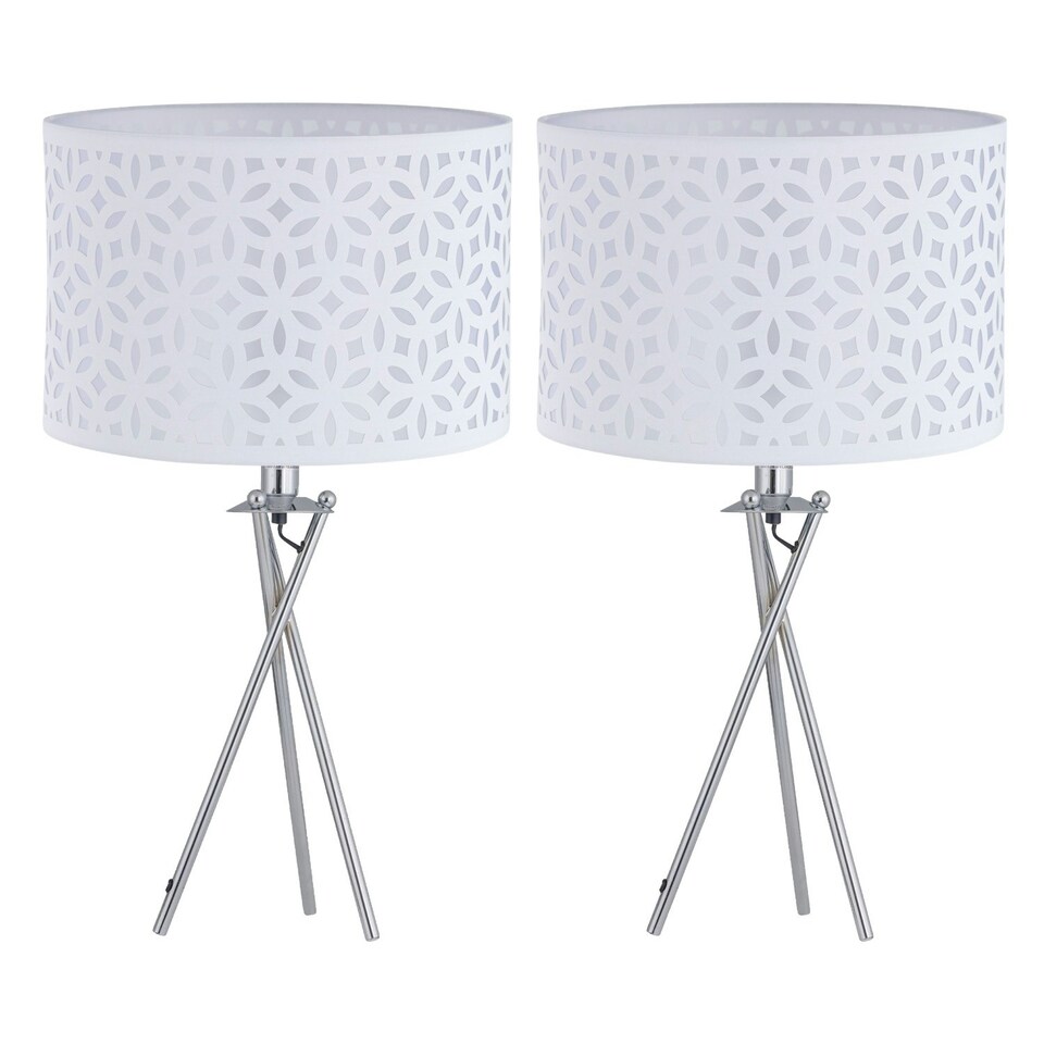image 1 of First Choice Lighting Set of 2 Chrome Tripod Table Lamps with White Laser Cut Shades Chrome | White