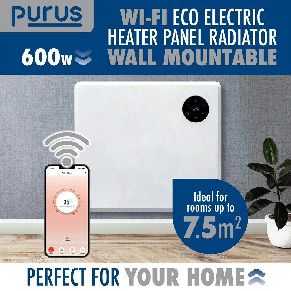 image 1 of Purus 600W Smart Wifi Eco Heater Electric Panel Radiator Wall Mounted White