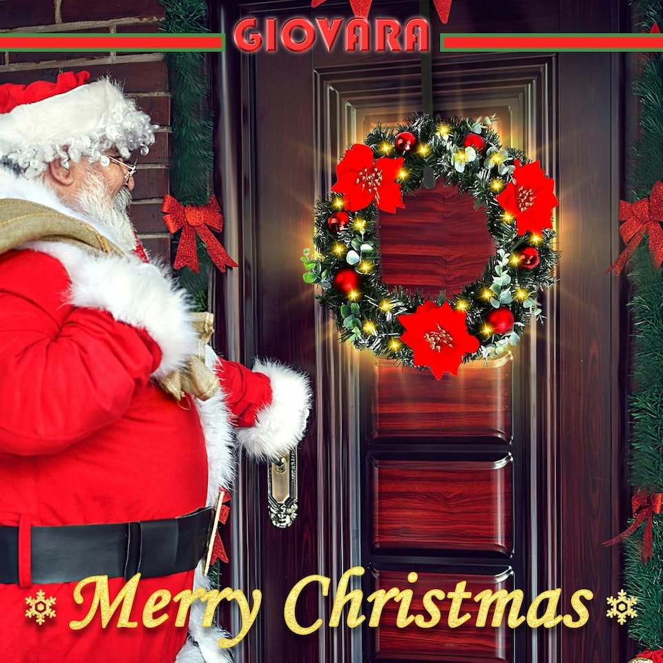 image 1 of Christmas Wreath, Artificial Door Wreath with LED Lights, Xmas Wreath