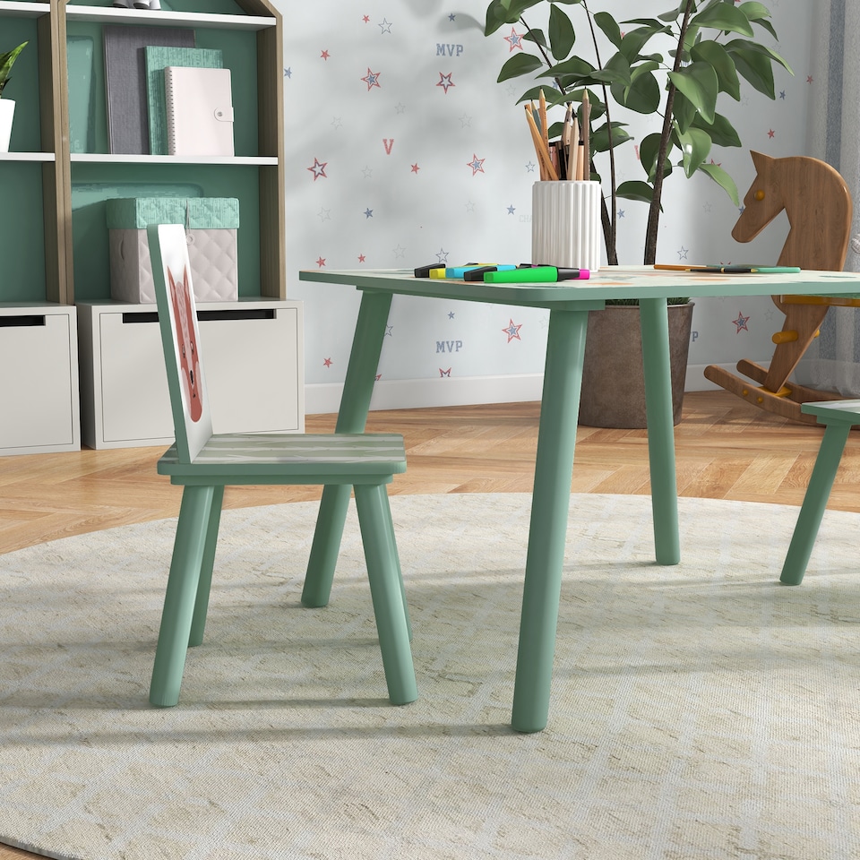 image 1 of ZONEKIZ Kids Table and Chairs, Children Desk with Two Chairs, Three Piece | Green