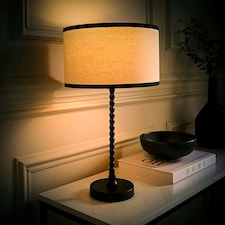 ValueLights Maeve Natural Linen Black Trim Drum Shade Matte Black Bobbin Table Lamp and Bulb | Black