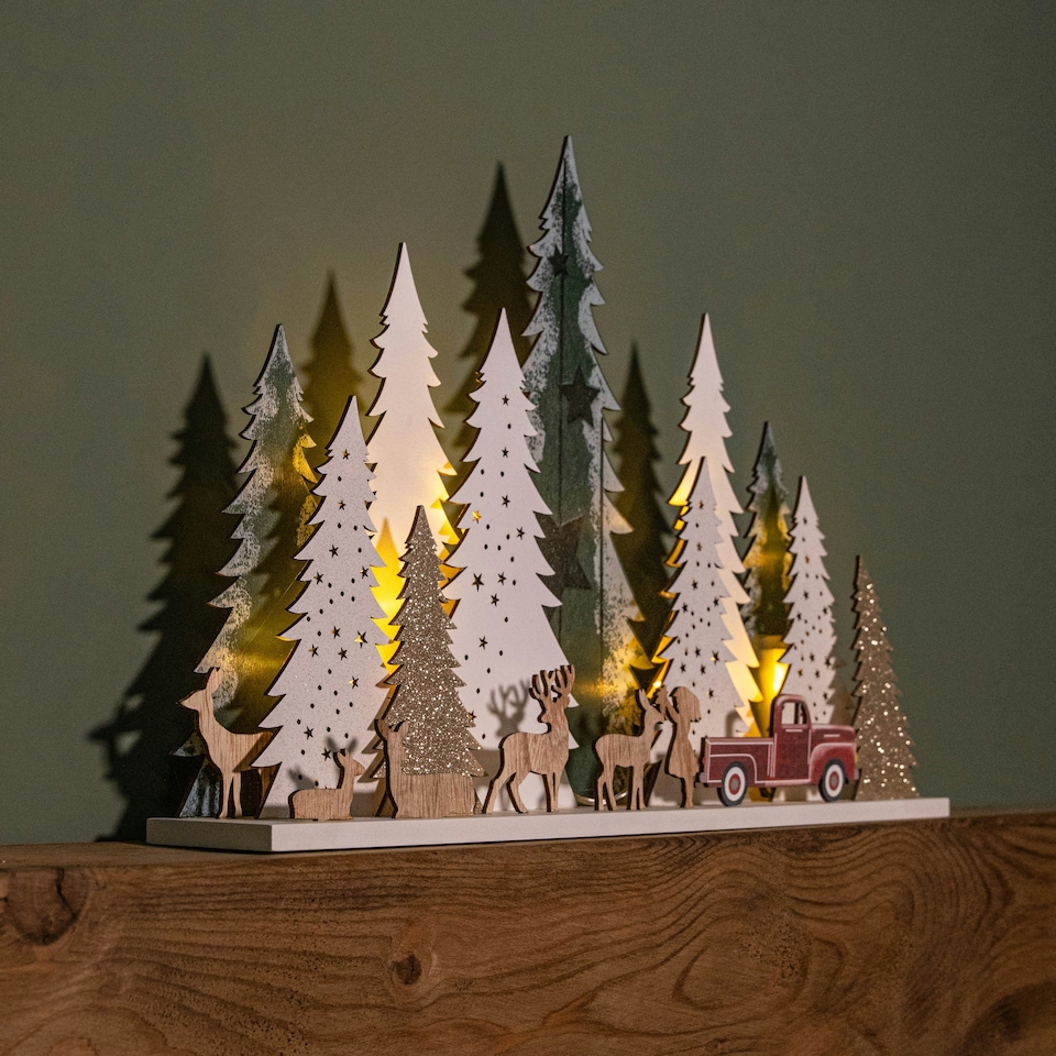 image 1 of 31cm Battery Operated Light up Wooden Christmas Tree with Deer and 15 Warm White LEDs