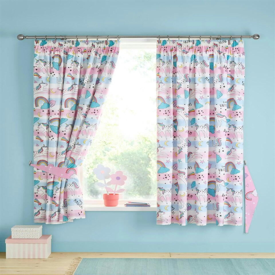 Dreamy Unicorns Pink Pencil Pleat Curtains Pink | Multi | 66x72"