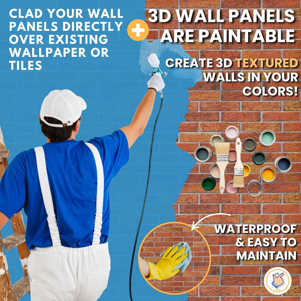 image 1 of NOVECRAFTO 3D Vintage Rustic Wall Panels – 6 PVC Sheets, Covers 2.76 sqm (29.76 sq ft), 96x48cm Each – Decorative Brick Effect Cladding in Rustic Style