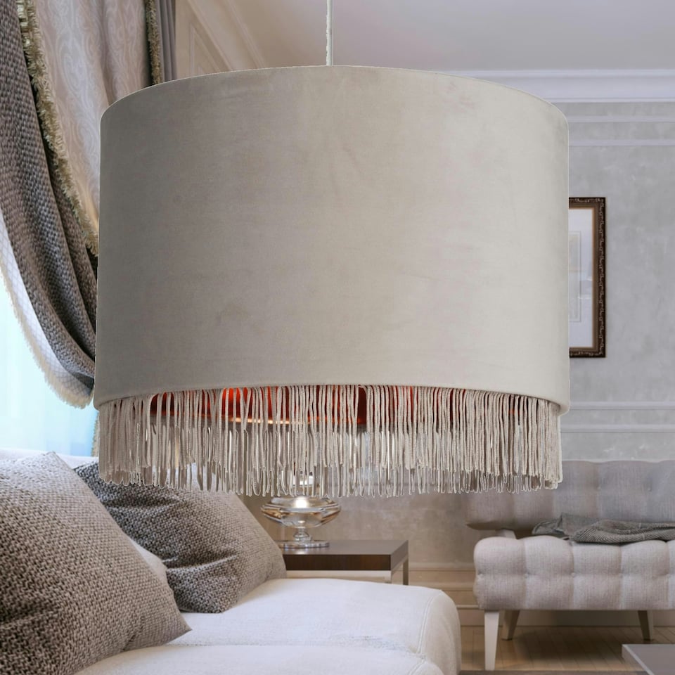 image 1 of Grey Velvet With Copper Inner Tassled Light Shade Grey | Copper