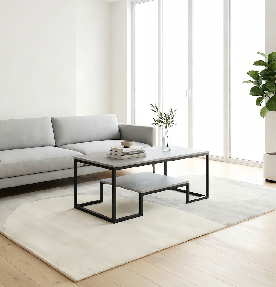 image 1 of Alivio Modern Coffee Table with Metal Frame & Shelves Storage (Grey)
