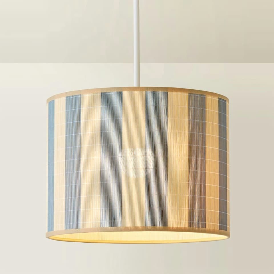 image 1 of ValueLights Lori Blue Stripe Bamboo Drum Ceiling Lamp Shade Blue