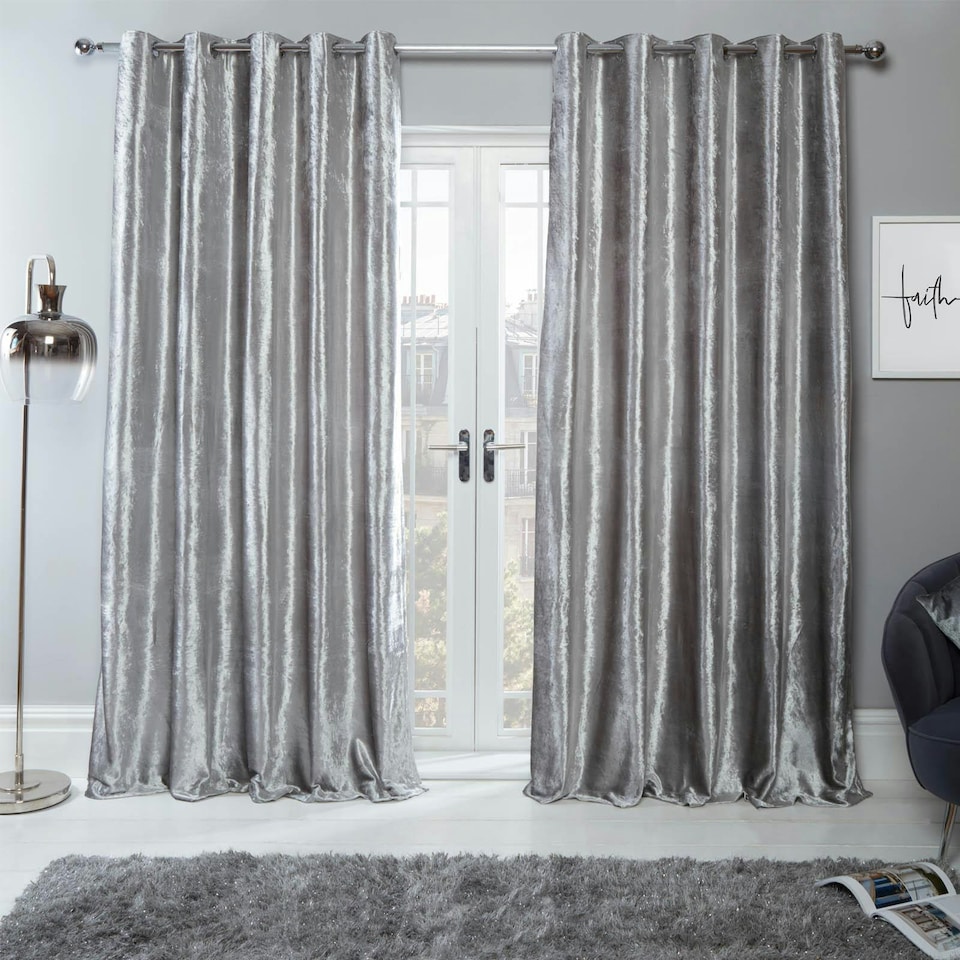 image 1 of OHS Luxury Soft Crushed Velvet Lined Eyelet Curtains, 46x54" - Silver
