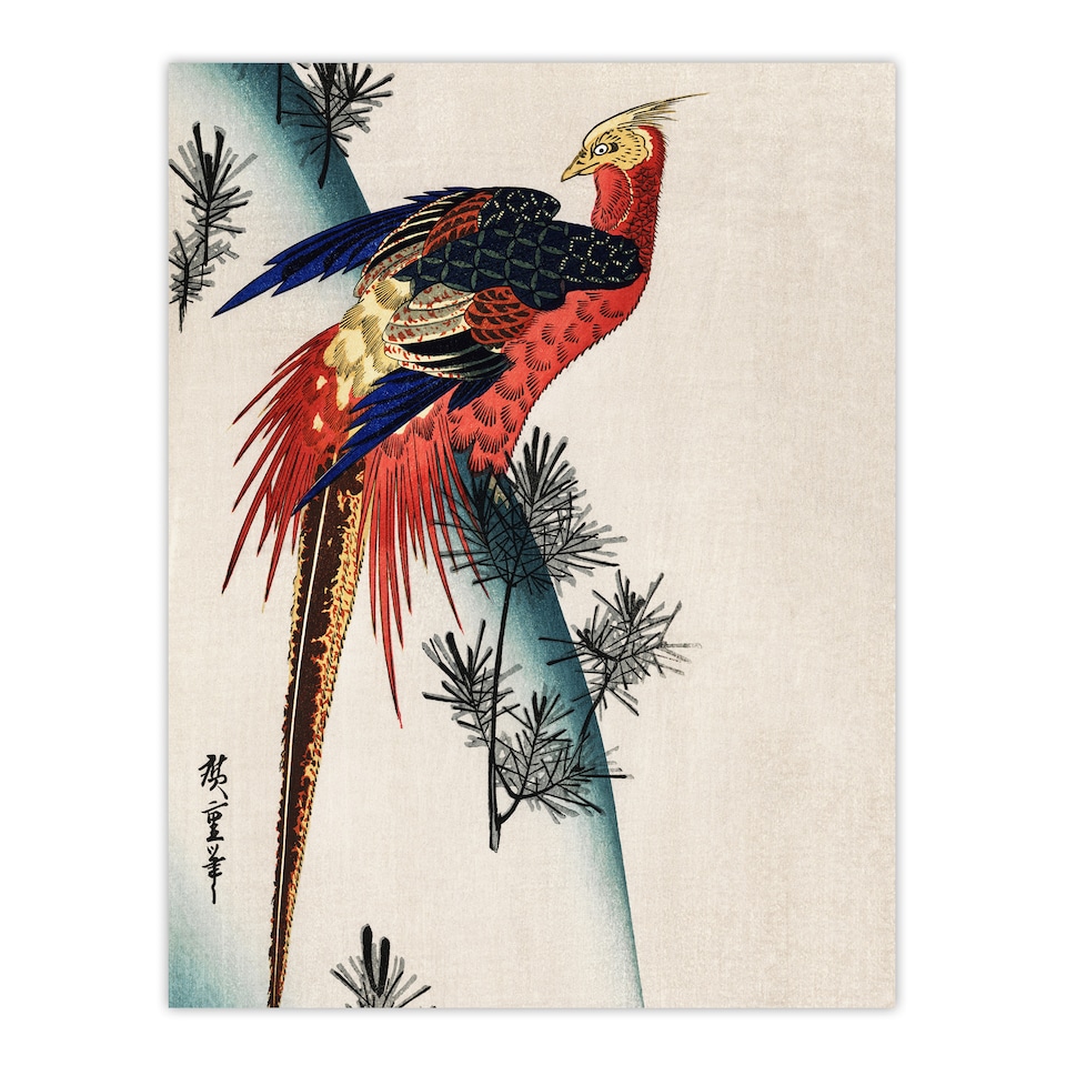 image 1 of Pheasant and Small Pine Vintage Japan Wall Art Print Hiroshige 18x24"