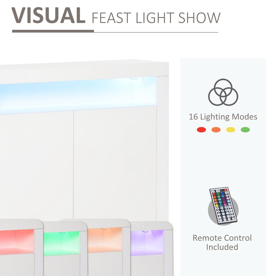 image 1 of HOMCOM 2-Door Sideboard with LED Light, High Gloss Lighted Storage Cabinet with Shelves and Open Compartment, Modern Kitchen Sideboard for Dining Room, Living Room, 107 x 35 x 97cm, White