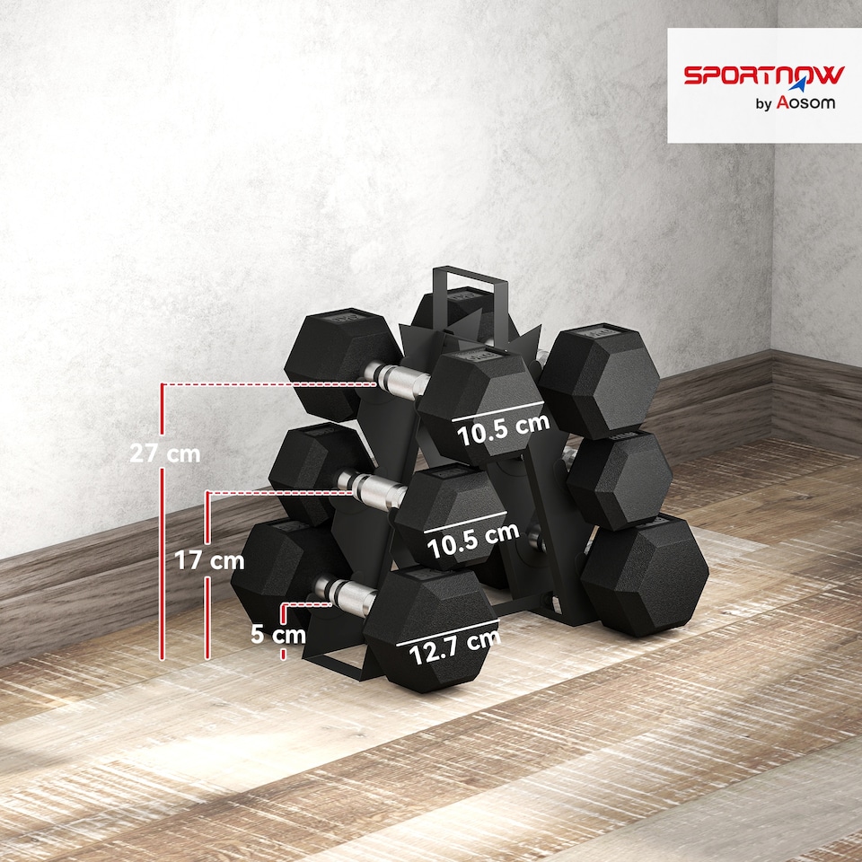 image 1 of SPORTNOW 36KG Hex Dumbbell Set with Dumbbell Rack, Rubber Coated Weights