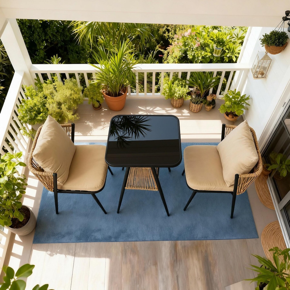 image 1 of Valena Patio Garden Bistro Set 3 Piece Rattan Outdoor Furniture Table & Chairs
