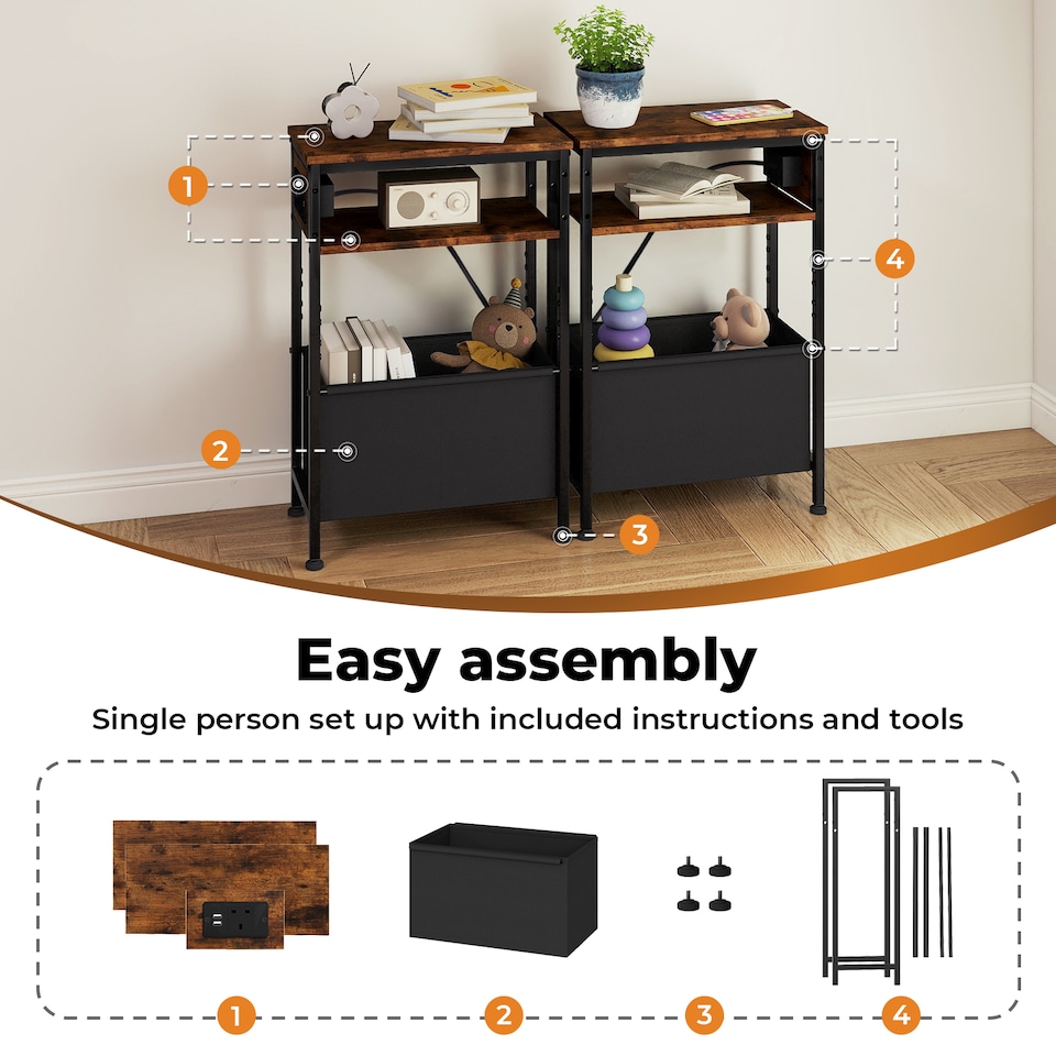 image 1 of Slim Side Table with Charging Station Storage Narrow End Table Sofa Living Room