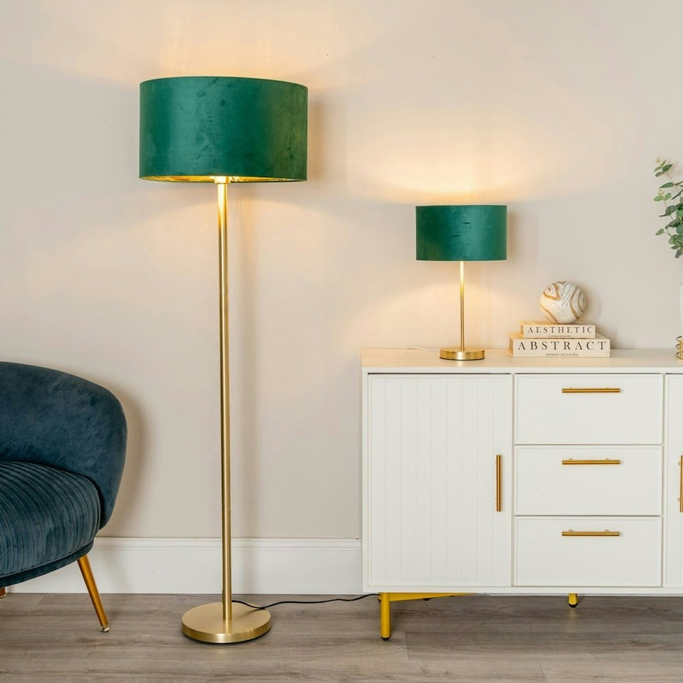 image 1 of ValueLights Charlie Gold Floor Lamp Green Velvet Gold Shade