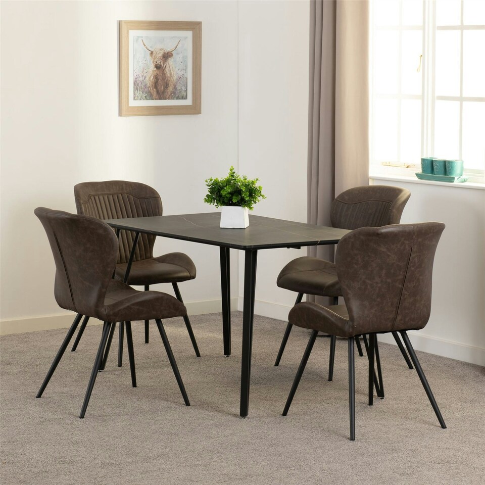 image 1 of Marlow Dining Set with Quebec Chairs White | White Marble/Brown Faux Leather