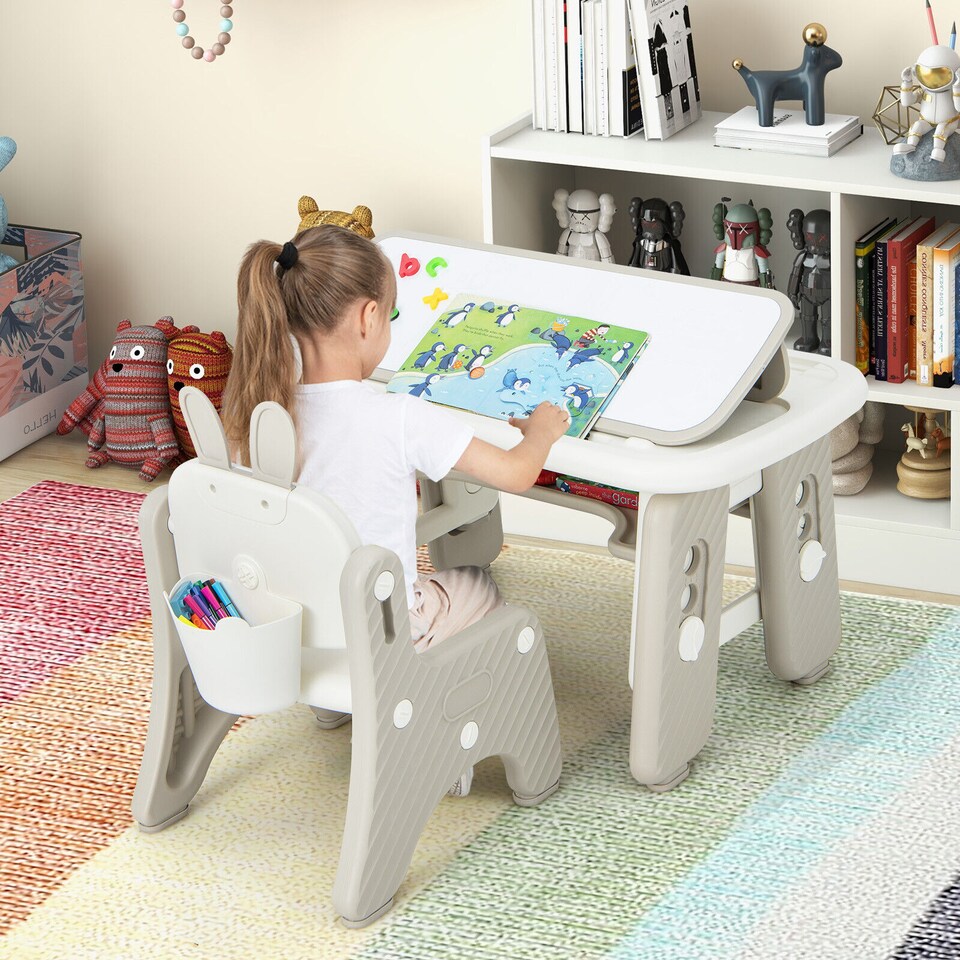 image 1 of COSTWAY Kids Drawing Table and Chair Set Grey