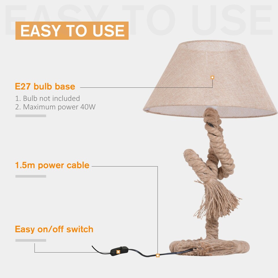 image 1 of HOMCOM Table Lamp Indispensable Nautical Twisted Rope E27 Base Bedside Light