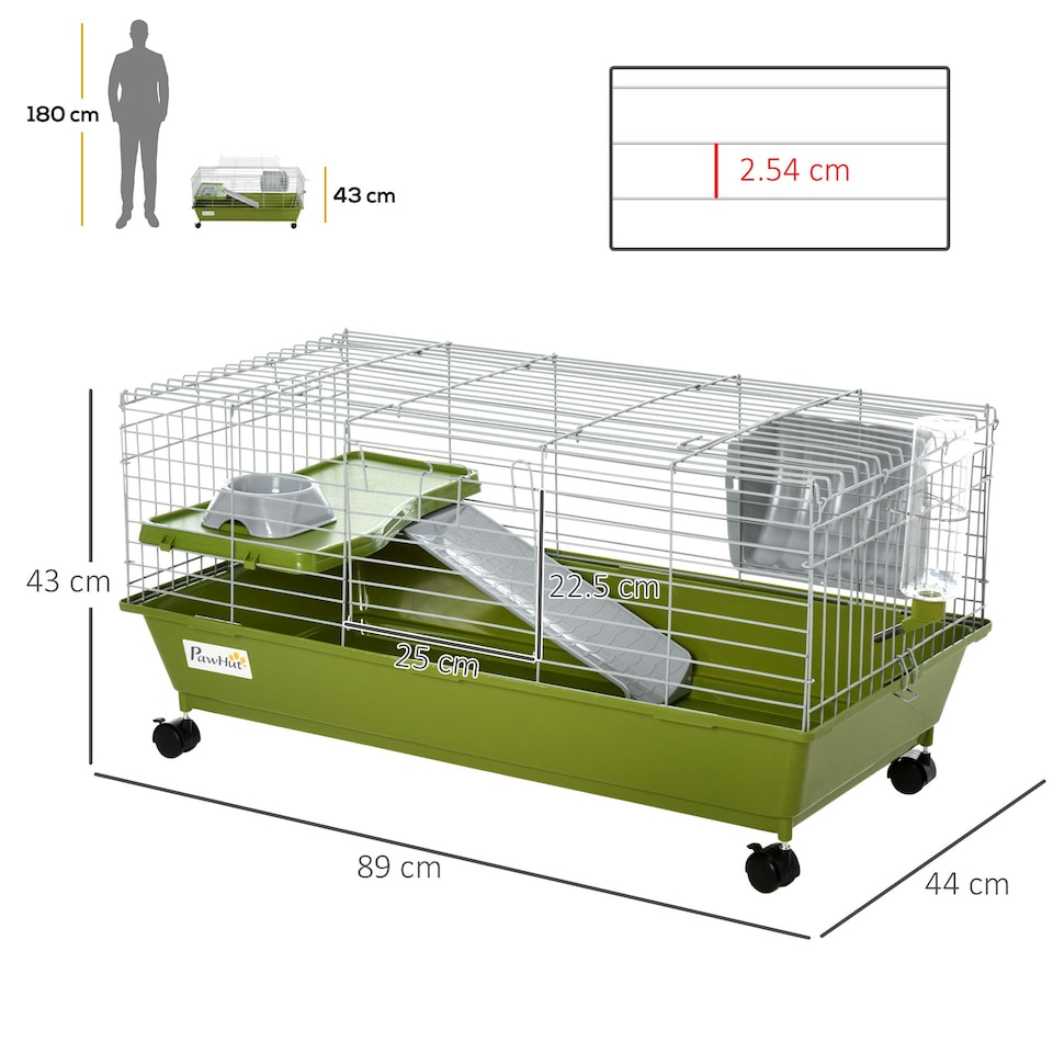 image 1 of PawHut 89cm Small Animal Cage for Rabbit Guinea Pig w/ Food Dish Green
