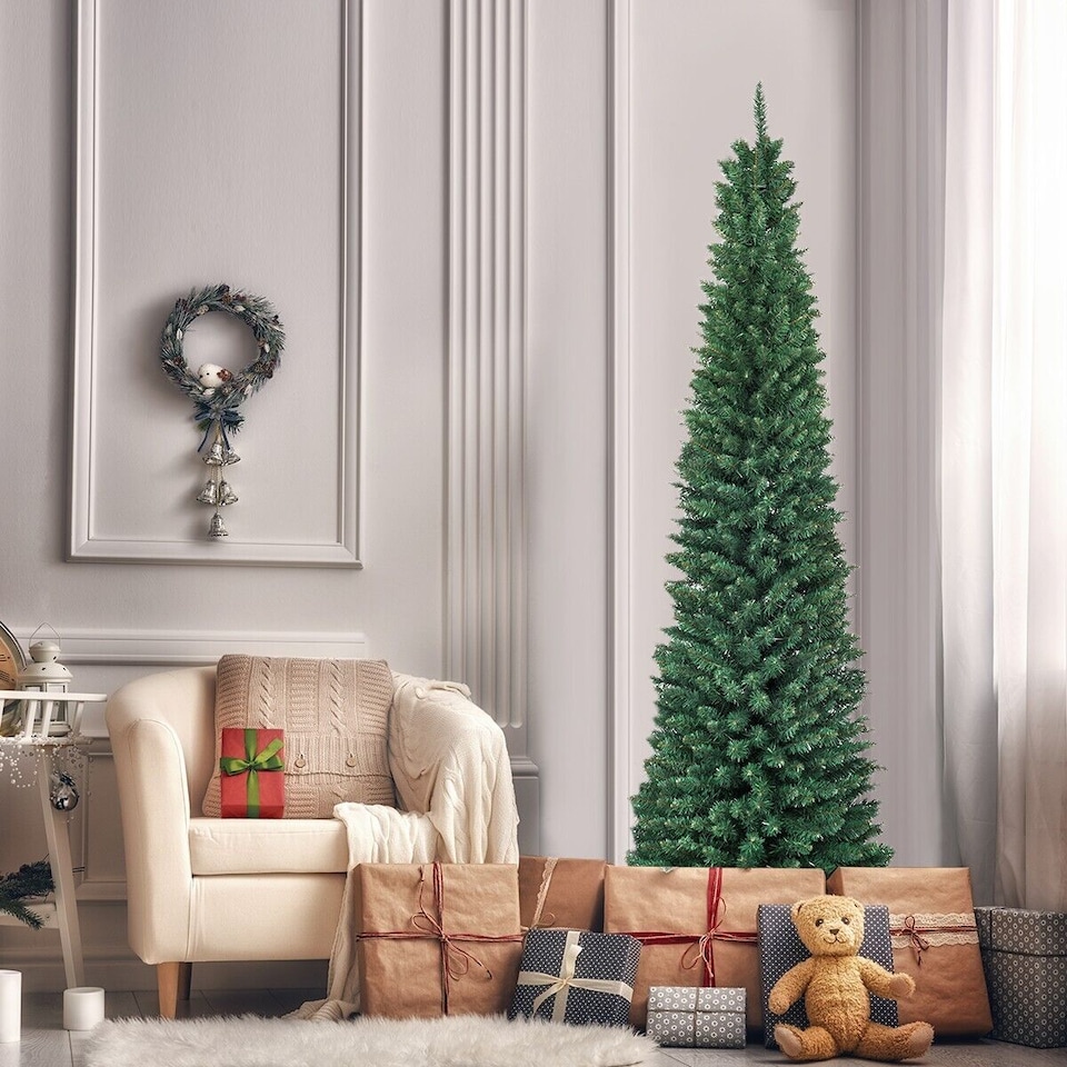image 1 of COSTWAY 7Ft Slim Pencil Artificial Christmas Tree Home Decor w/Solid Metal Legs Green
