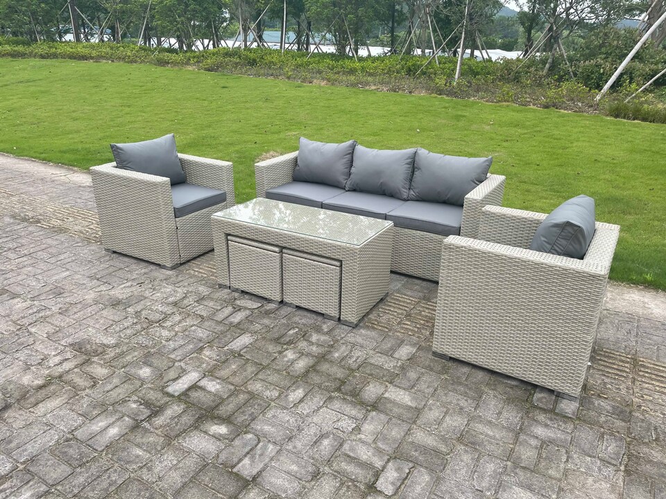 image 1 of Fimous Wicker Rattan Garden Furniture Sofa Sets Outdoor Patio Coffee Table With Stools light grey