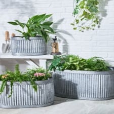 Set of 3 Ribbed Metal Tub Planters Grey
