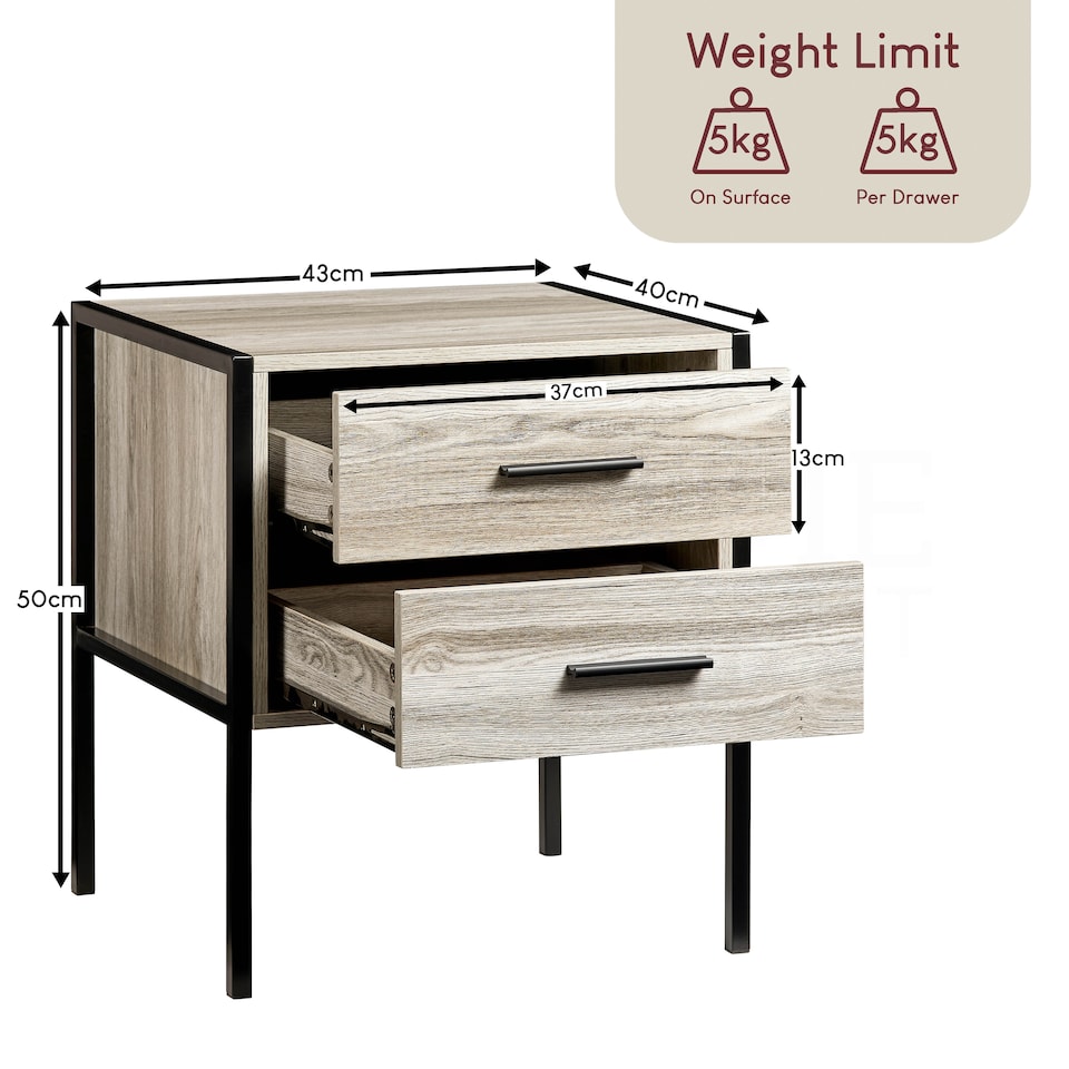 image 1 of Vida Designs Brooklyn 2 Drawer Bedside Cabinet Industrial Cabinet Table Nightstand, Grey