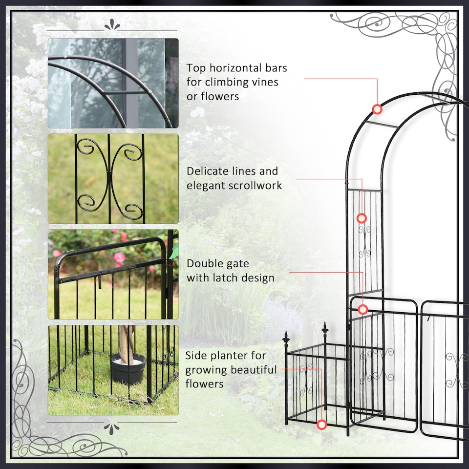 image 1 of Outsunny Metal Garden Arbor Arch Gate w/ 2 Side Planter Boxes & Vine Frame | Black