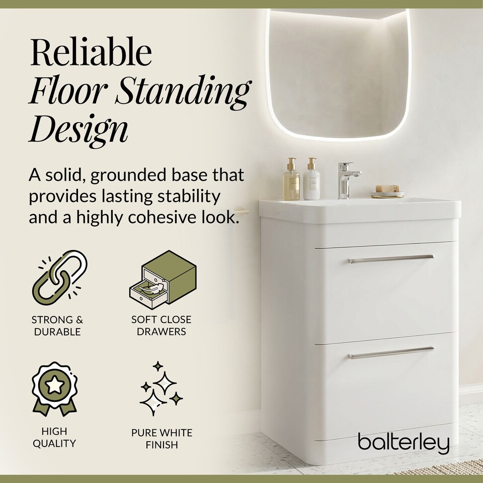 image 1 of Balterley Wall Hung 2 Drawer Vanity Unit with Ceramic Basin | White | Pure White | 562 x 607 x 460mm