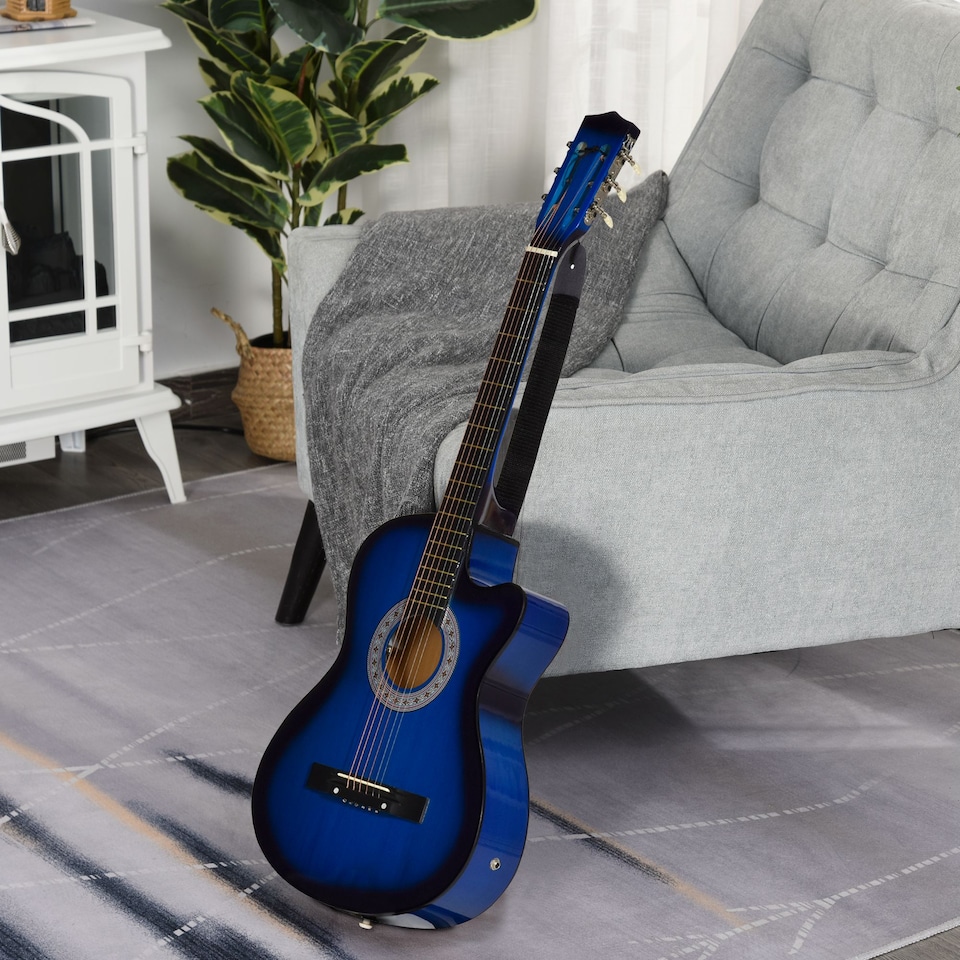image 1 of HOMCOM 38 Inch Full Size Blue Classical Acoustic Electric Guitar Kids Guitar and Junior Guitar   Premium Gloss Finish w/Case - Blue