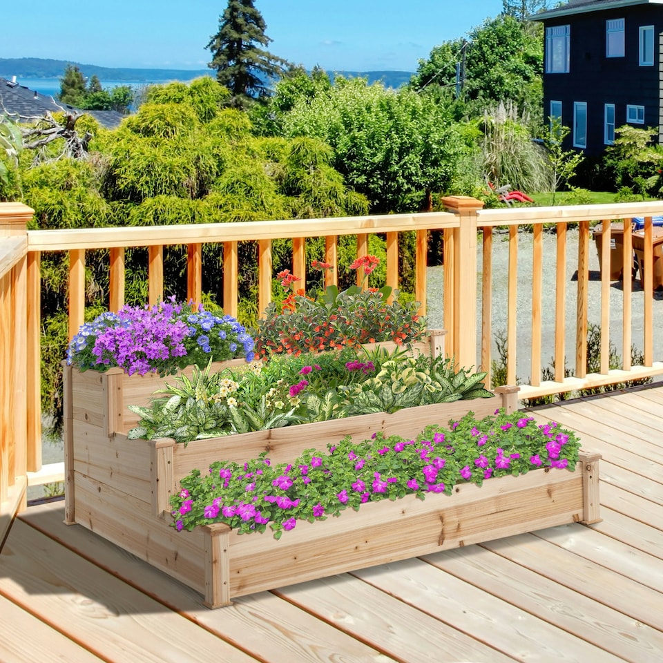 image 1 of Outsunny Wooden Raised Bed 3-Tier Planter Kit Elevated Plant Box 124x124x56cm