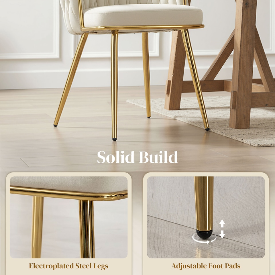 image 1 of HOMCOM Velvet-Feel Dining Chairs Set of 2, Modern Upholstered Kitchen Chairs with Woven Backrest and Armrests, Metal Legs and Padded Seat for Dining Room, Bedroom, Living Room, Cream | Cream