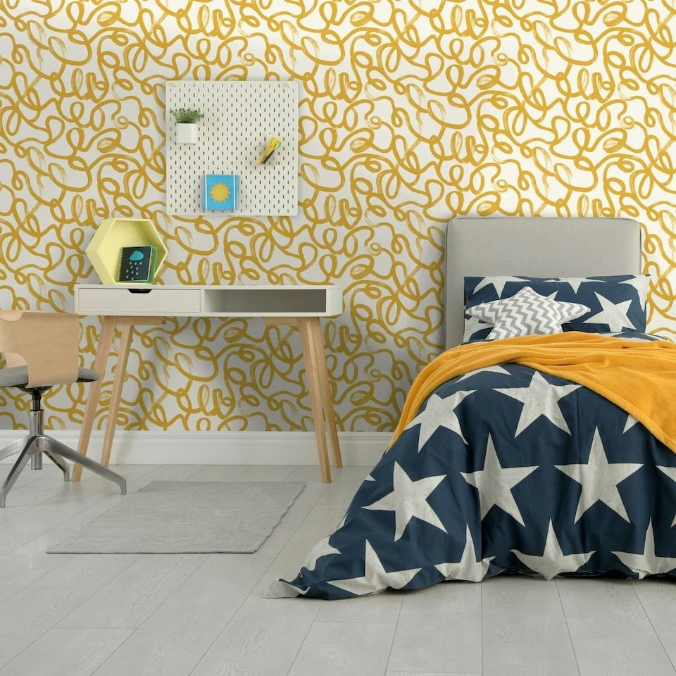 image 1 of Holden Décor Squiggle Wallpaper - Ochre/White - One Size Yellow