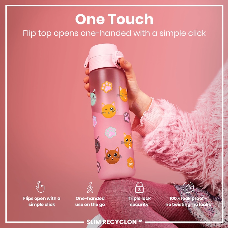 image 1 of Leak Proof Slim Water Bottle, BPA Free, 500ml (18oz) | Pink | Cats | One Size
