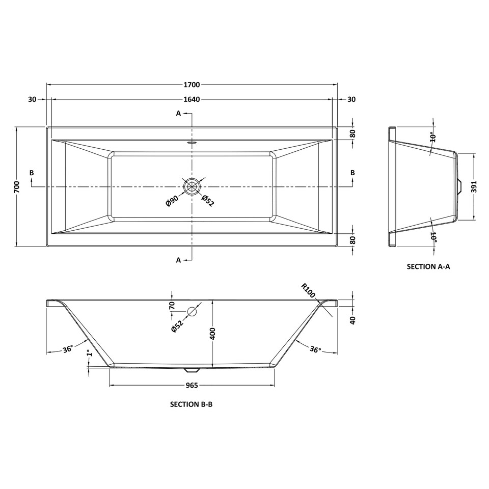 image 1 of Square Double Ended Straight Whirlpool Bath with 12 Chrome Jets and Leg Set, 1700 x 700mm White