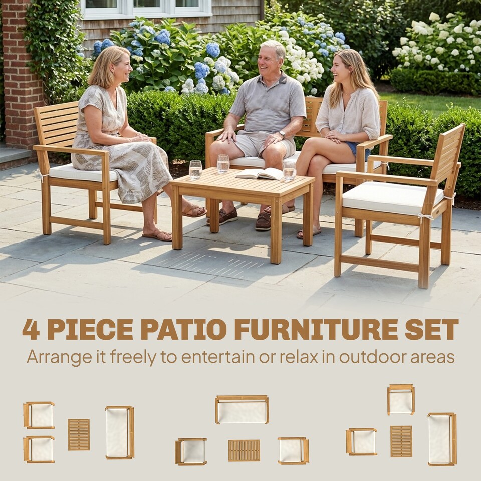 image 1 of Outsunny 4 Seater Wooden Garden Furniture Set with Loveseat, Chairs, Table | Cream | Cream White | Four Seater