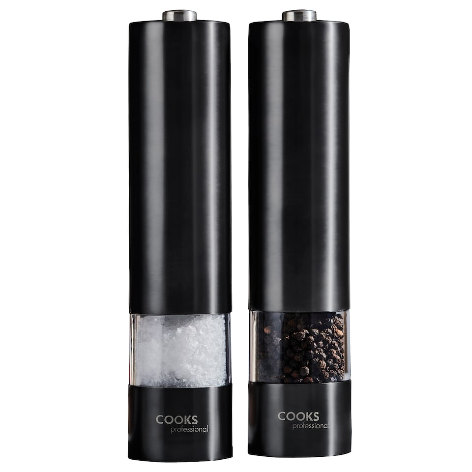 image 1 of Cooks Professional Electric Salt & Pepper Mill - Stainless Steel Automatic Grinder | Black | Black | 2