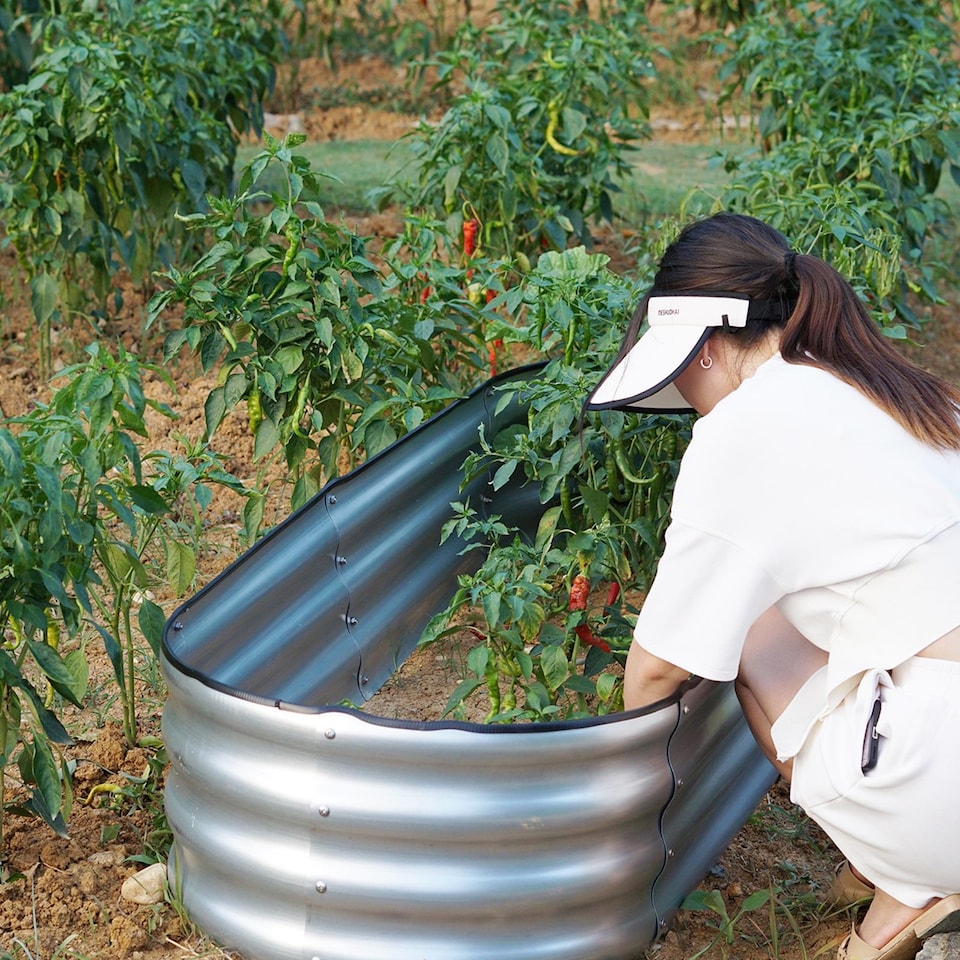 image 1 of Gr8 Garden Outdoor Raised Bed Planter Oval Galvanised Steel Trough Box 120x61x30cm