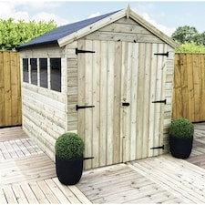 10 x 8 Premier Pressure Treated Tongue And Groove Apex Shed With Higher Eaves And Ridge Height 4 Windows + Double Door  (10' x 8' / 10ft x 8ft) (10x8)