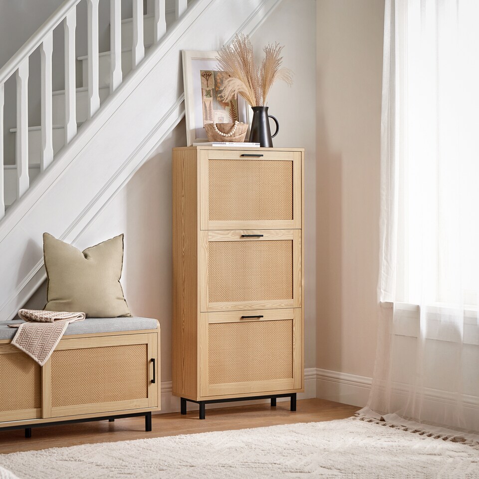 image 1 of SoBuy 3 Flip-Drawer Shoe Cabinet, Light Oak, 23.6x9.4x50.0 in, 24.5 kg - FSR155-N