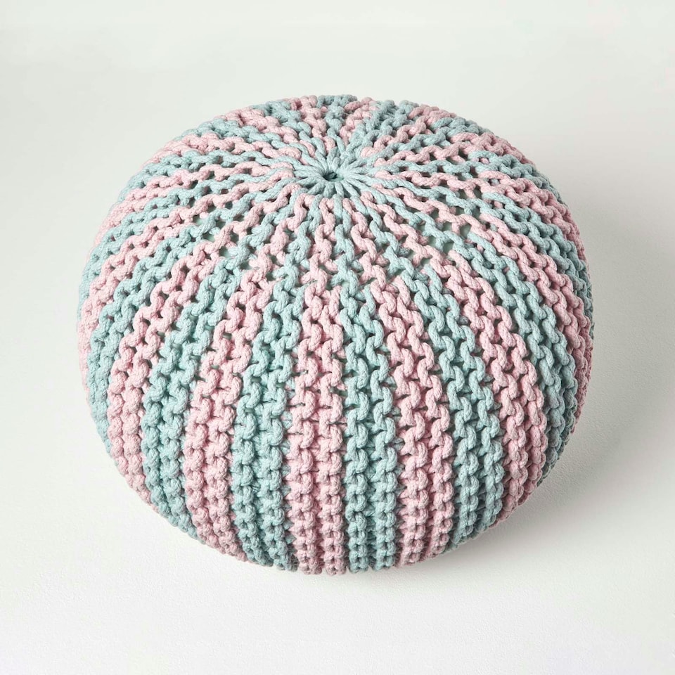 image 1 of Homescapes Pink and Blue Knitted Pouffe Striped Footstool - 35 x 40 cm