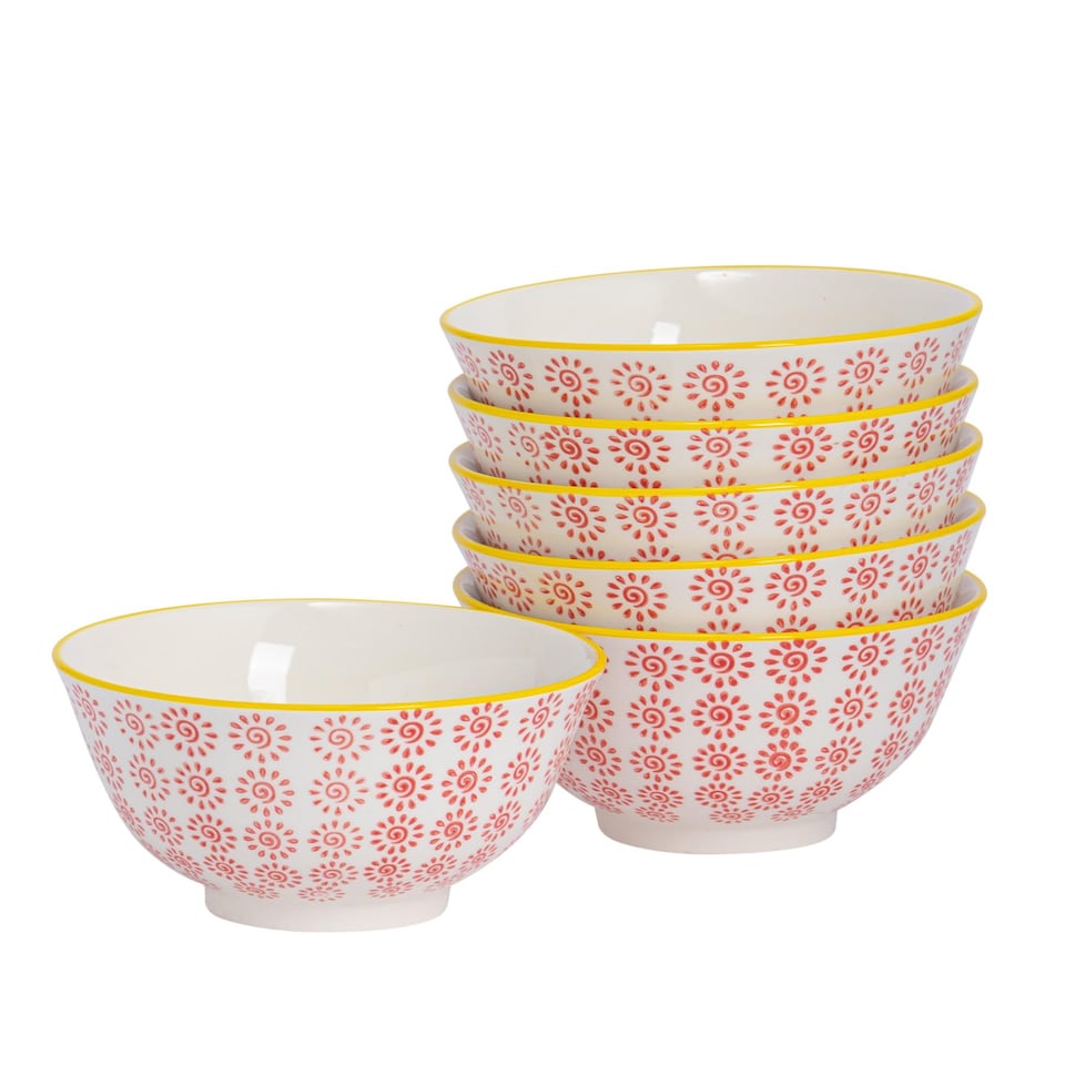 image 1 of Nicola Spring Hand-Printed Cereal Bowls - 16cm - Red - Pack of 6 | Multi | Multi