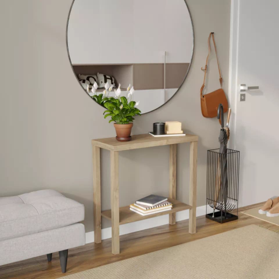 image 1 of URBNLIVING 2 Tier Wooden Console Table Narrow Hallway Storage Unit | Multi | Oak | 1