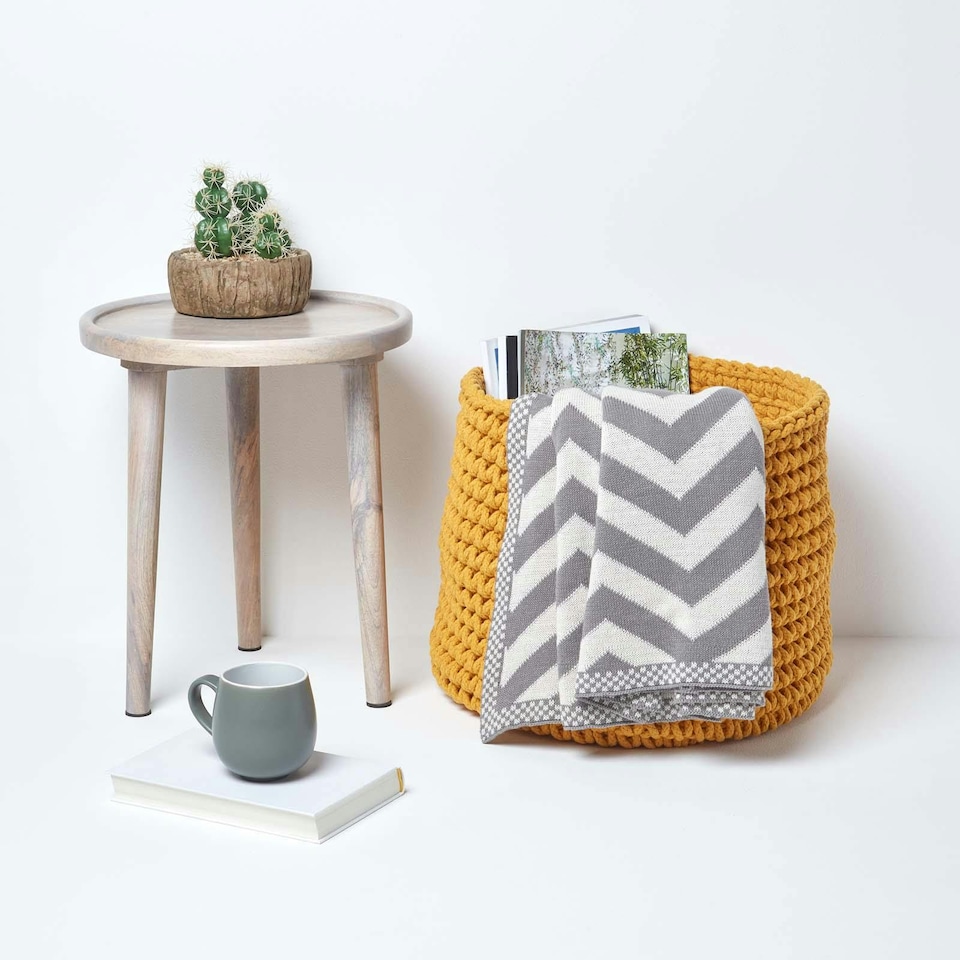 image 1 of Homescapes Yellow Cotton Knitted Round Storage Basket - 42 x 37 cm | Yellow | Yellow | L