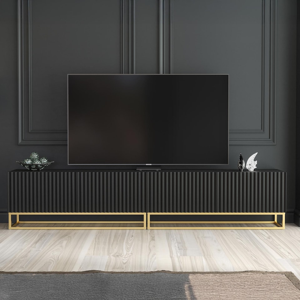 image 1 of TV Stand TV Unit Modular Media Cabinet Storage Cabinet Black Fluted Gold Legs 200cm