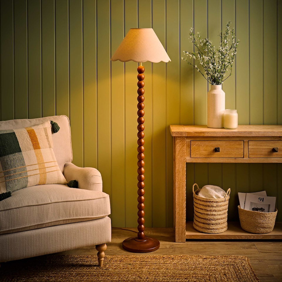 image 1 of ValueLights Bobble Walnut Floor Lamp Natural Trim Scallop Shade & Bulb | Brown
