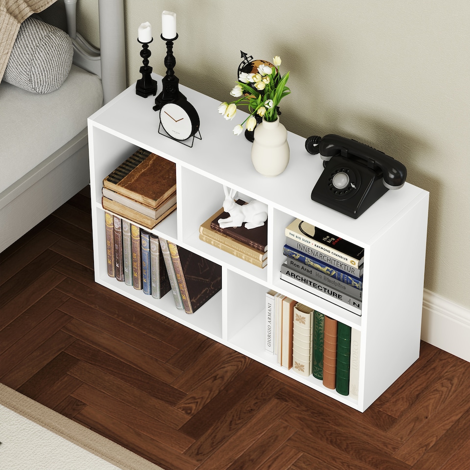 image 1 of HOMCOM Modern 2-Tier Bookshelf with 5 Open Storage Compartments, White